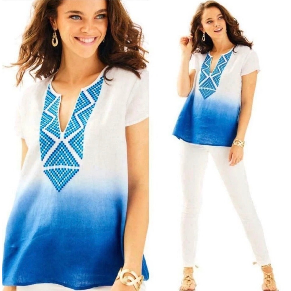 Lilly Pulitzer Breakers Row Blue Crush Ombre Linen Embroidered Tunic Top XS 801